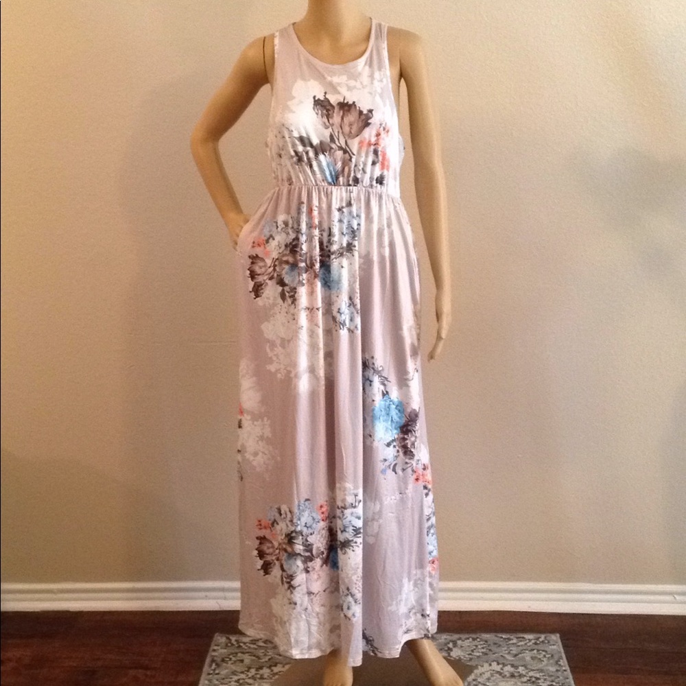 New Ladies Floral Racer BacK Maxi Dress w/Pockets